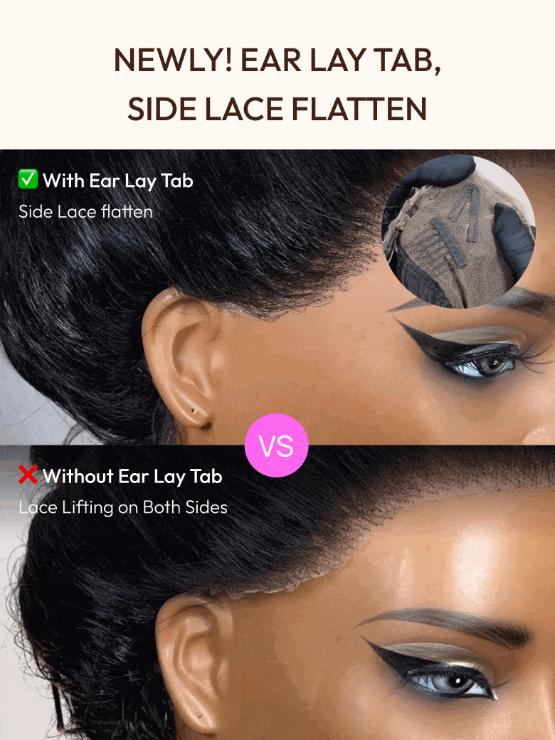 A model displays the UNice Invisible Strap 360 Lace Black Water Wave and Body Wave Wig, showing a model with a black eyeliner and a pink eyeliner and body wave texture.