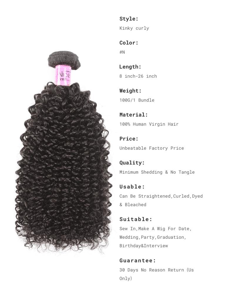 The UNice Hair Virgin Human Hair Kinky Curly Hair 3 Bundles image highlights Style, Kinky curly, Color, #N, virgin curly hair bundles and kinky curly texture, curly.