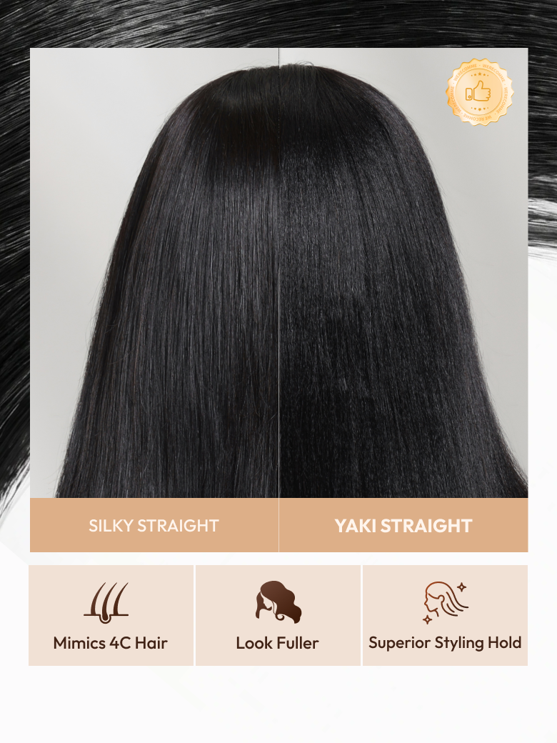 A model displays the UNice 7x5 Bye Bye Slip Yaki Straight Black Glueless Wig With Invisible Drawstring, showing a model with long black hair and straight texture, yaki.
