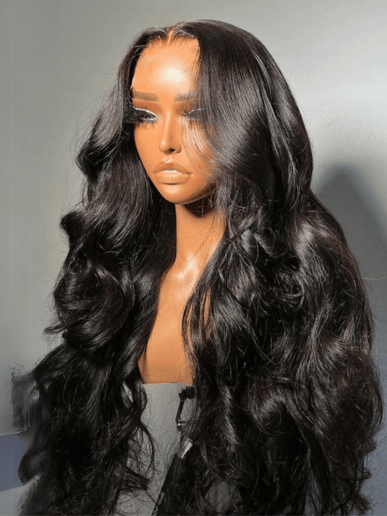 The UNice Bye Bye Slip 7x5 Glueless Lace Body Wave Lace Front Drawstring Wig product image shows a wig with long hair and a full wig and body wave texture, 7x5, glueless.