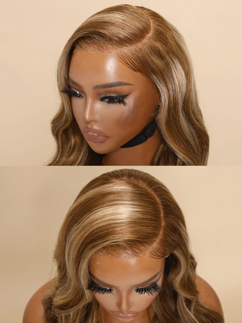 A model displays the UNice 7x5 ByeBye Knots Wig Glueless Lace Honey Blonde 3D Body Wave Wig With Bleached, showing a model with long blonde hair and a black choke.