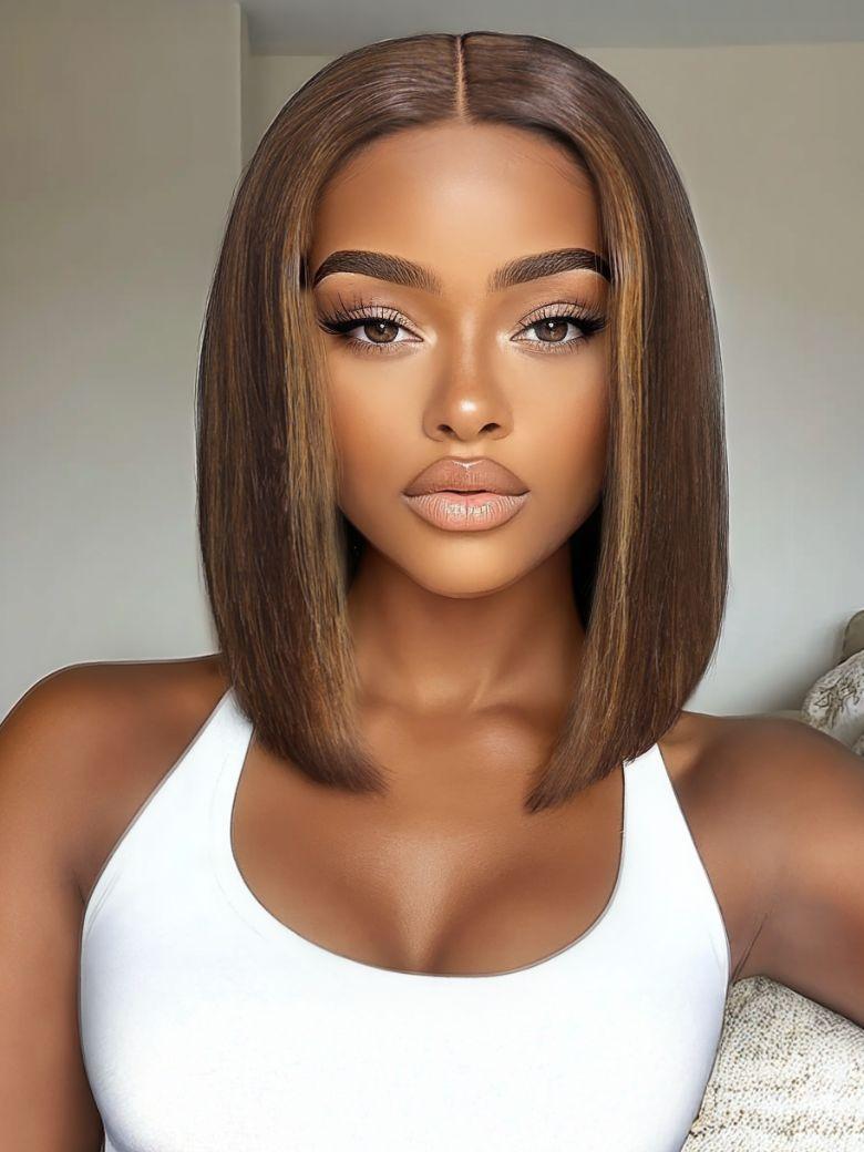 A model displays the UNice Glueless Bye Bye Knots 7x5 Lace Highlight Brown Straight Bob Wig, showing a model with long brown hair and a white tank top and straight.