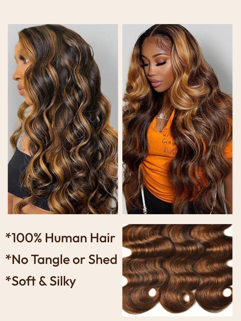 A model displays the UNice Brown Balayage 4x4 Lace Closure With 3Pcs Body Wave Bundles, showing a model with long brown hair and a brown hair and body wave texture, 4x4.