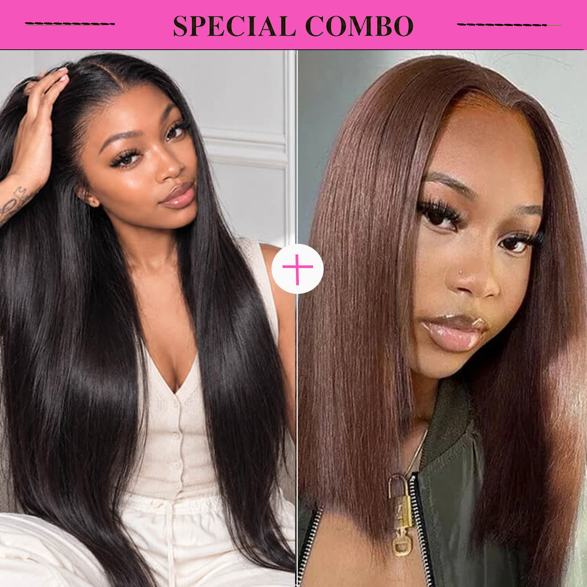 2 Wigs Set | 13x4 Full frontal Glueless Straight Wig + 5x5 Full frontal Glueless Brown Bob Wig