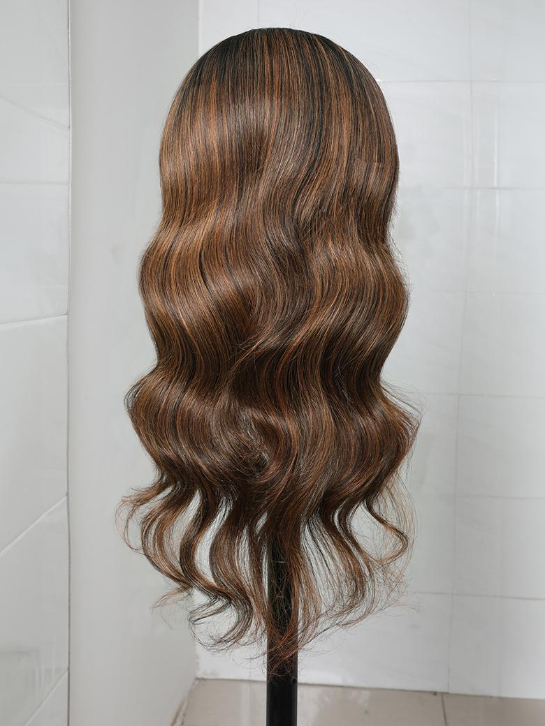 A model displays the UNice Balayage Highlight Ombre Color Body Wave Headband Wig 150% Density, showing a woman ' s head with a long brown hair and body wave texture.