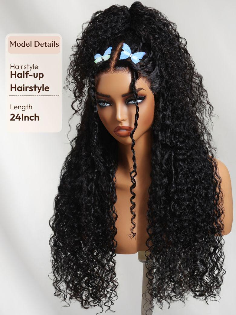 A model displays the UNice 18''-24'' UNice Bye Bye Slip 7x5 Lace Natural Black 4D Mixed Texture Burmese wig, showing a wig with long curly hair and a bow and Burmese.