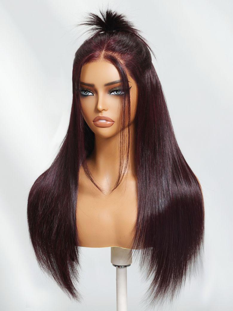 The UNice 7x5 Byebye Knots Lace Black Cherry Layered Straight Hair Wig 150% Density image highlights LO, a wig with long hair and bangs on a mann and straight texture.
