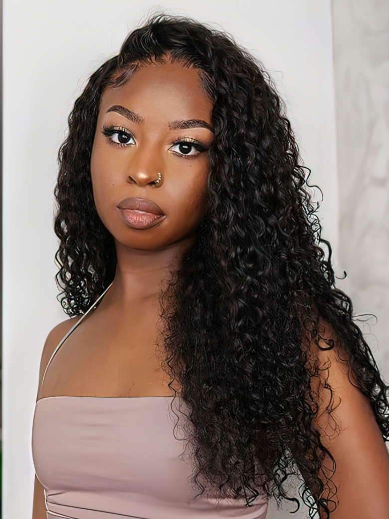 A model displays the UNice Hair Hair 4 Bundles Water Wave Unprocessed Virgin Human Hair, showing a model with long curly hair and water wave texture, bundle fullness.