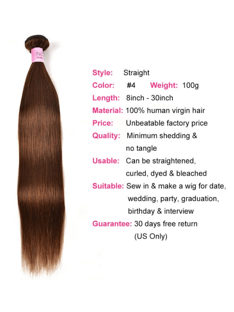 The UNice Rare Human Hair Weave #4 Body Wave & Straight Hair Bundles 1 Bundle Deal image highlights Style, Straight, Color, Weight:100g, virgin hair extensions straight.