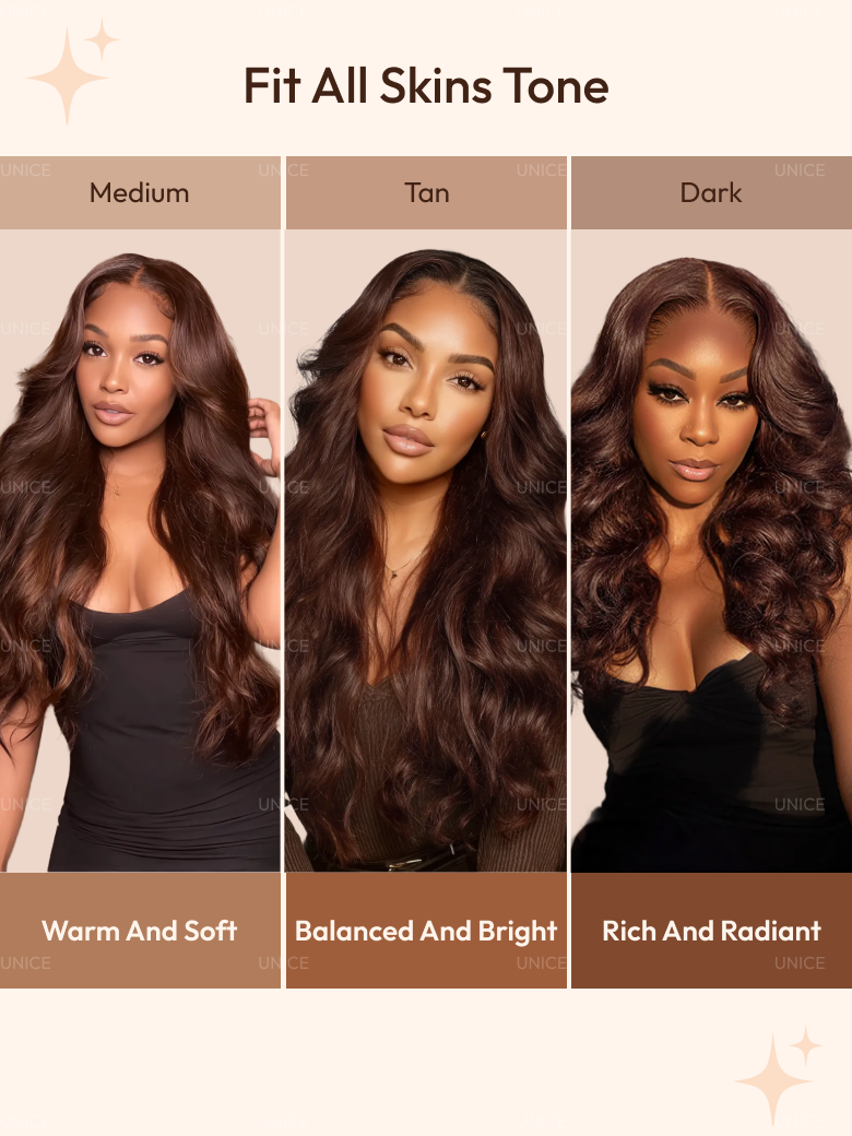 The UNice Glueless Auburn/Red Brown 13x4 Pre-Everything & 7x5 Lace Wig Loose Wave image highlights Fit All Skins Tone, Medium, Tan, Dark, the best hair extensions.