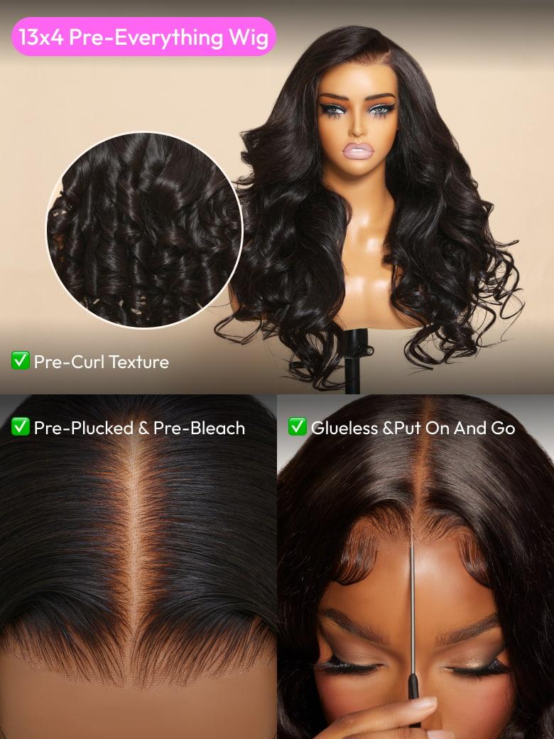 A model displays the UNice Price: 24"=26" 13x4 Pre-Everything Transparent Lace Front 3D Body Wave Wig, showing a model with long hair and a wig and body wave texture.