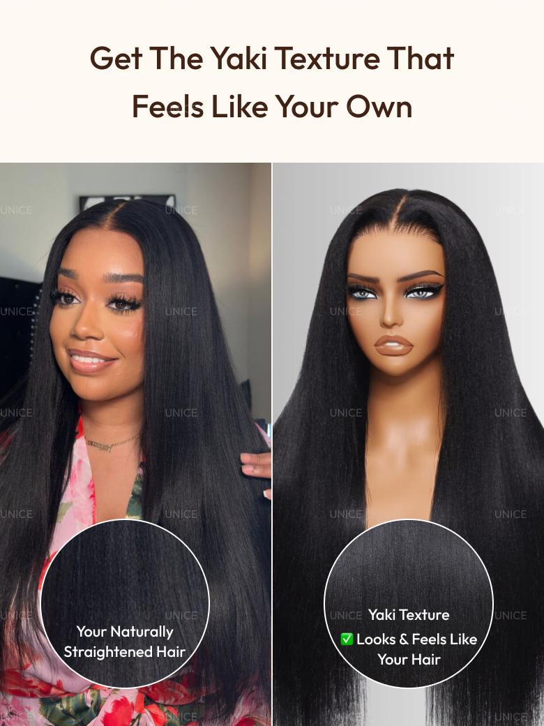 The UNice 7x5 Bye Bye Slip Glueless Lace Black Yaki Straight 180% Density With Invisible detail image shows a full lace wig with long hair and kinky straight texture.