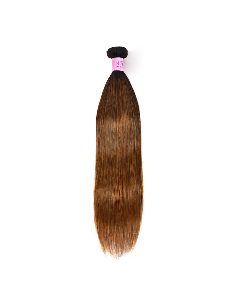 The UNice Superior Straight Human Hair Weave Virgin 1 Bundles Deals #FB30 Colored Hair image highlights Nice, a brown hair extension on a white background and straight.