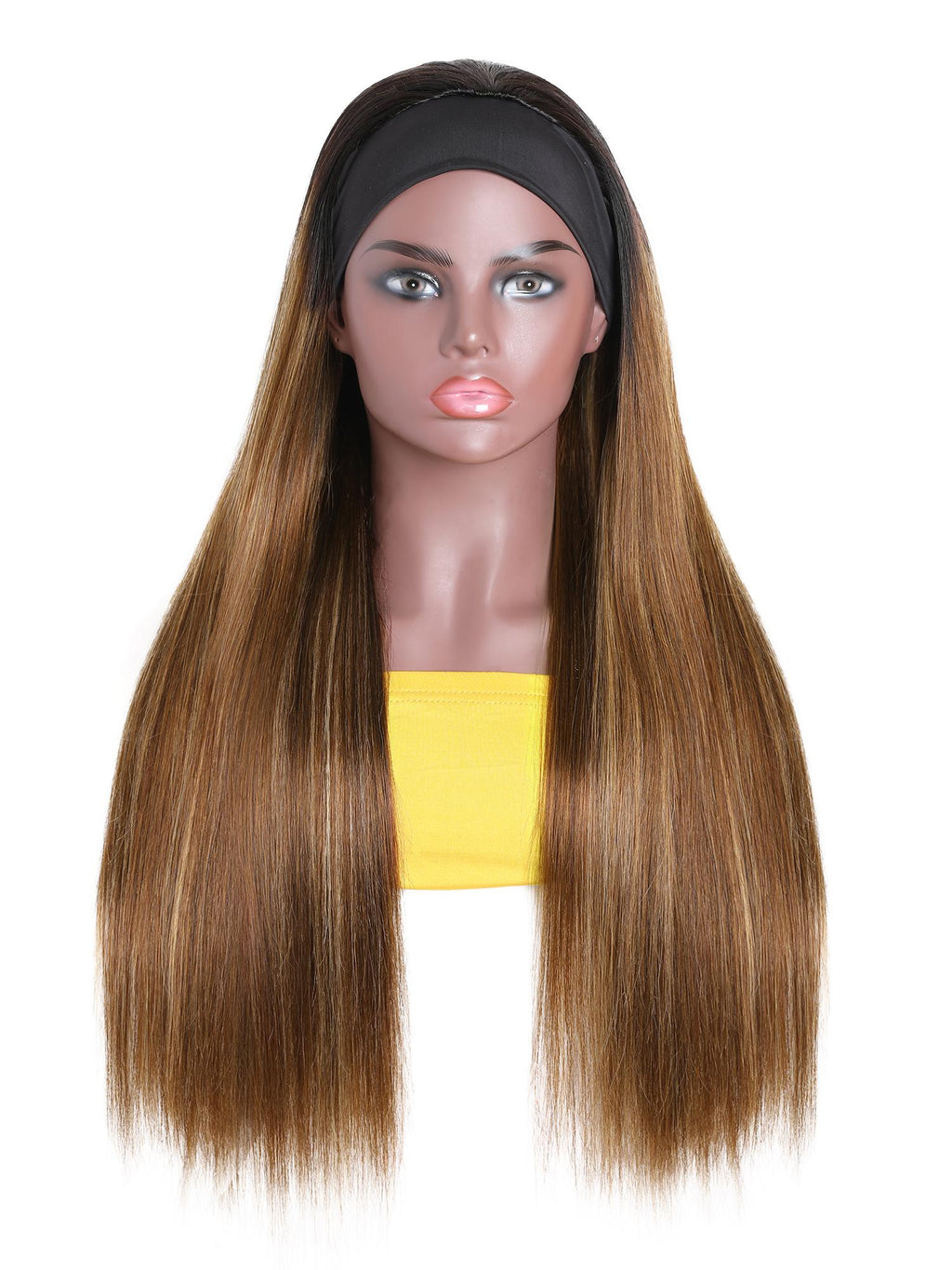 The UNice Ombre Dark Roots Honey Blonde Human Hair Wig 150% Density Headband Straight product image shows a wig with long hair and a yellow top and straight texture.