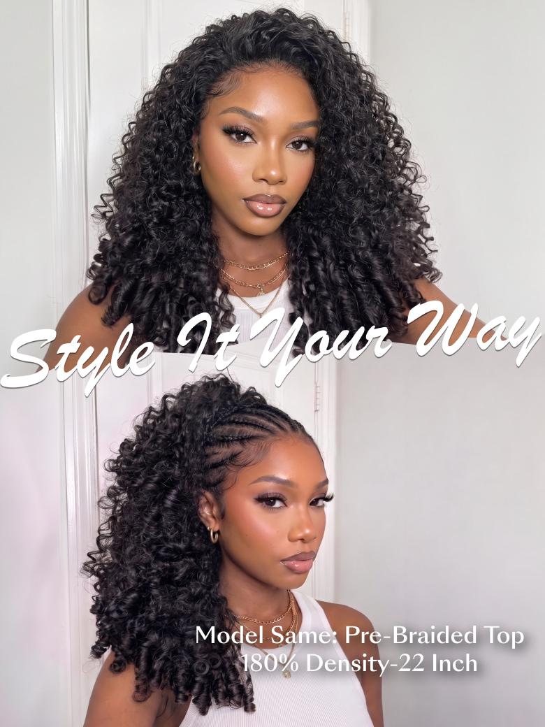 A model displays the UNice Half Wig MeltLine Burmese Curly with Finger Coily Ends Beginner Friendly with, showing a model with long curly hair and a white top.