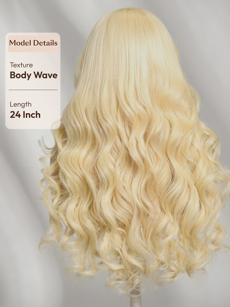 A model displays the UNice 13x4 Bye Bye Slip Lace Frontal 613 Blonde Straight/ Body Wave Glueless Wig, showing a blonde wig with long wavy hair and body wave texture.