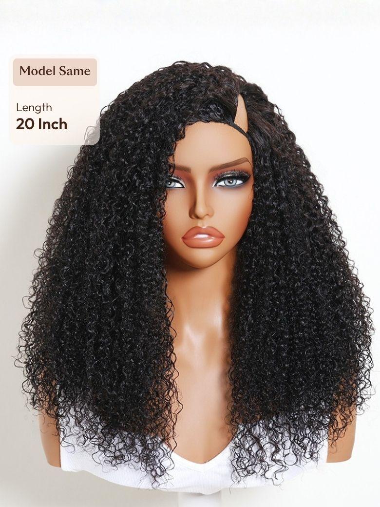 A model displays the UNice InvisiBlend V Part Curly Texture Drawstring Human Hair Wig With Finger Coil Ends, showing a model with curly hair is holding a hair brush.