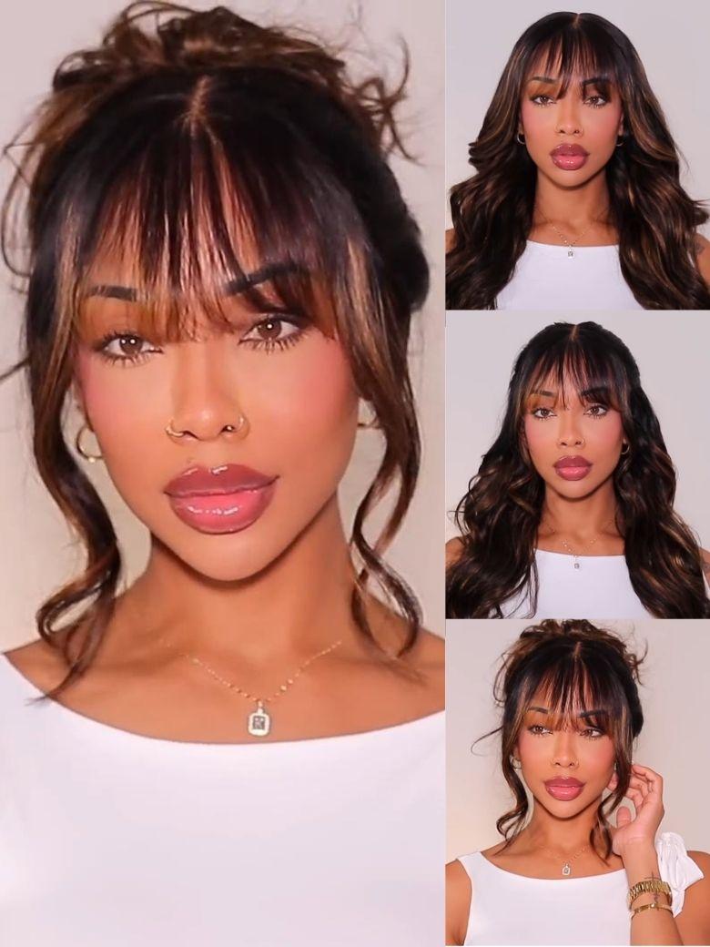A model displays the UNice 7x5 Bye Bye Knots & 13x4 Pre-Everything Lace Frontal Balayage Highlights, showing a col of different images of a model with long hair.