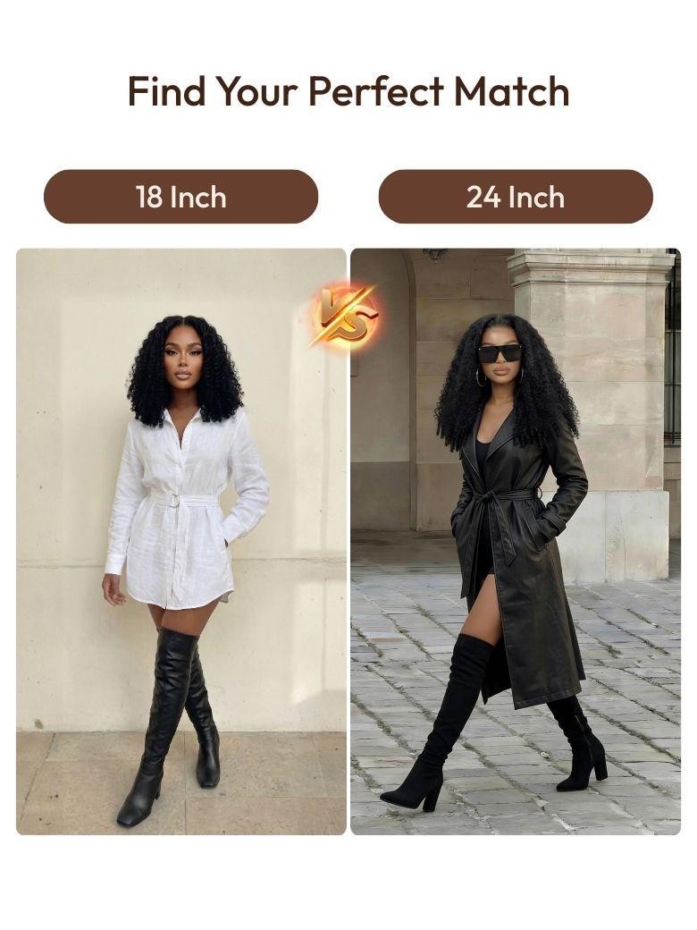 A model displays the UNice 20''-24'' Real Glueless 7x5 Bye Bye Knots Lace Curly Texture Premium Hair wig, showing a woman wearing a white shirt and black boots and curly.
