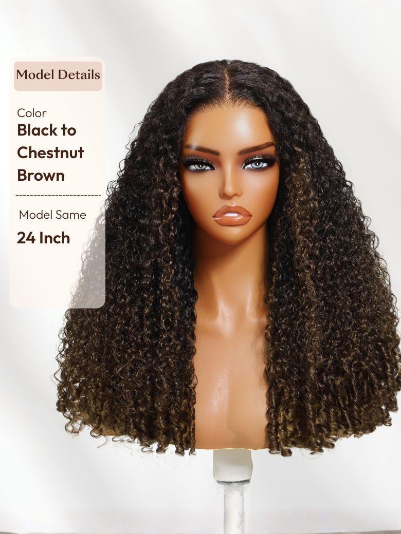 A model displays the UNice 7x5 Bye Bye Slip Glueless Lace Black to Chestnut Brown Ombre Burmese Curly wig, showing a model with long curly hair and a black to brown wig.