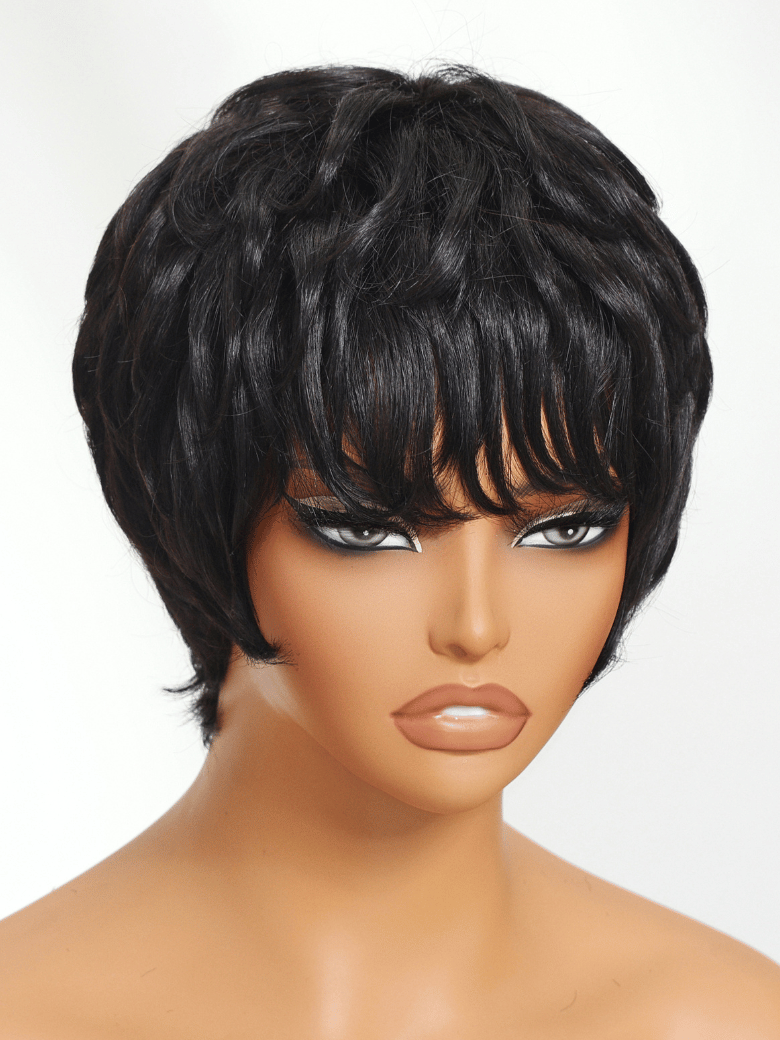 The UNice Short Pixie Cut Human Hair Glueless Wig With Full Bangs visual image position 3 shows a manne with a black wig on it | glueless wear.