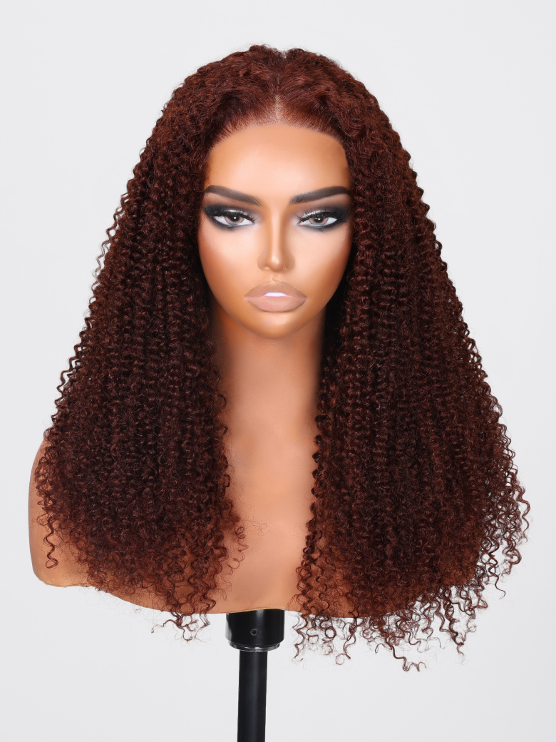 The UNice 6x4.5 Pre Cut Transparent Lace Bleached Knots Put On And Go Reddish Brown wig product image shows a wig with curly hair on a mann and kinky curly texture.