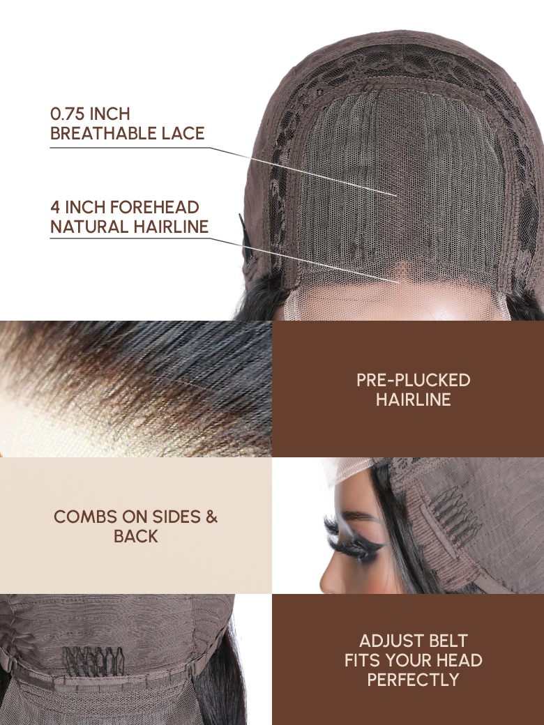 The Unice Lace Part 150% Density Ginger Color Jerry Curly Human Hair Wig With Invisible image highlights 0.75INCH, BREATHABLELACE, 4INCHFOREHEAD, NATURALHAIRLINE.