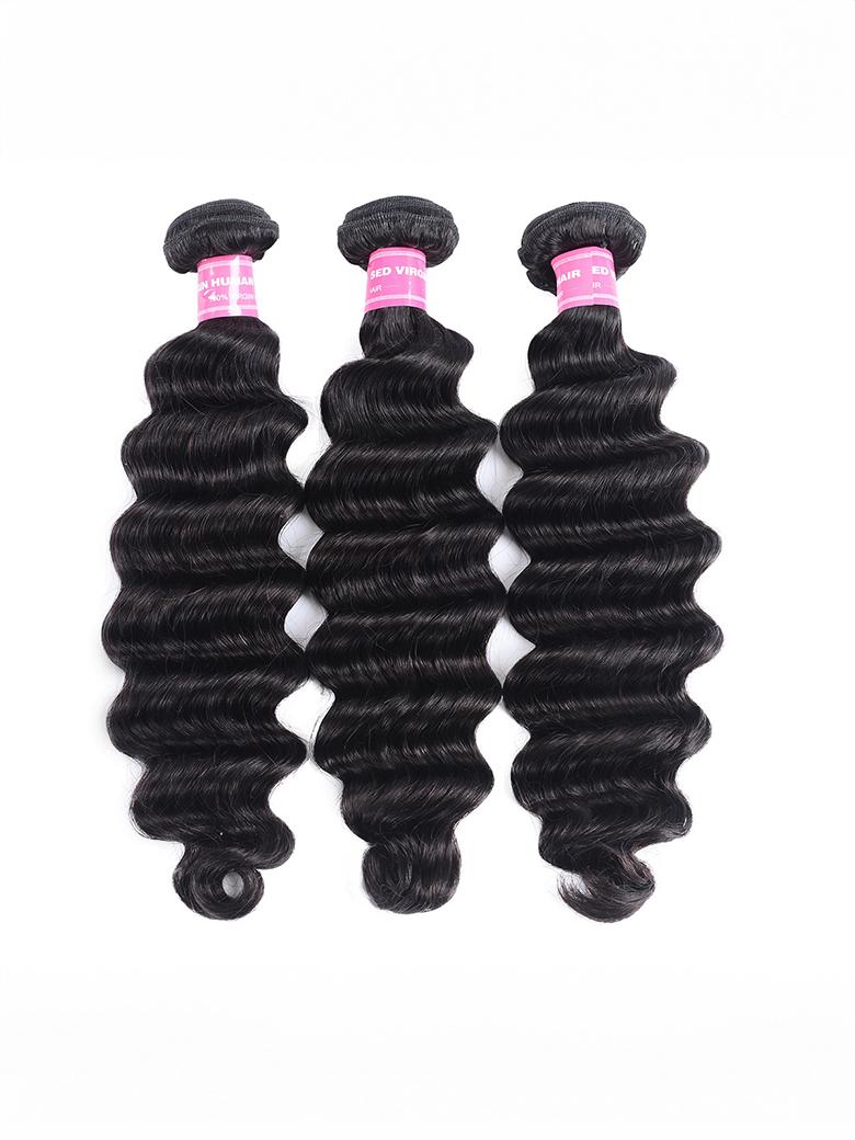 The UNice Loose Deep Wave Human Hair 3 Pcs Bundles product image shows brazilian virgin hair bundles and deep wave texture, bundle fullness.