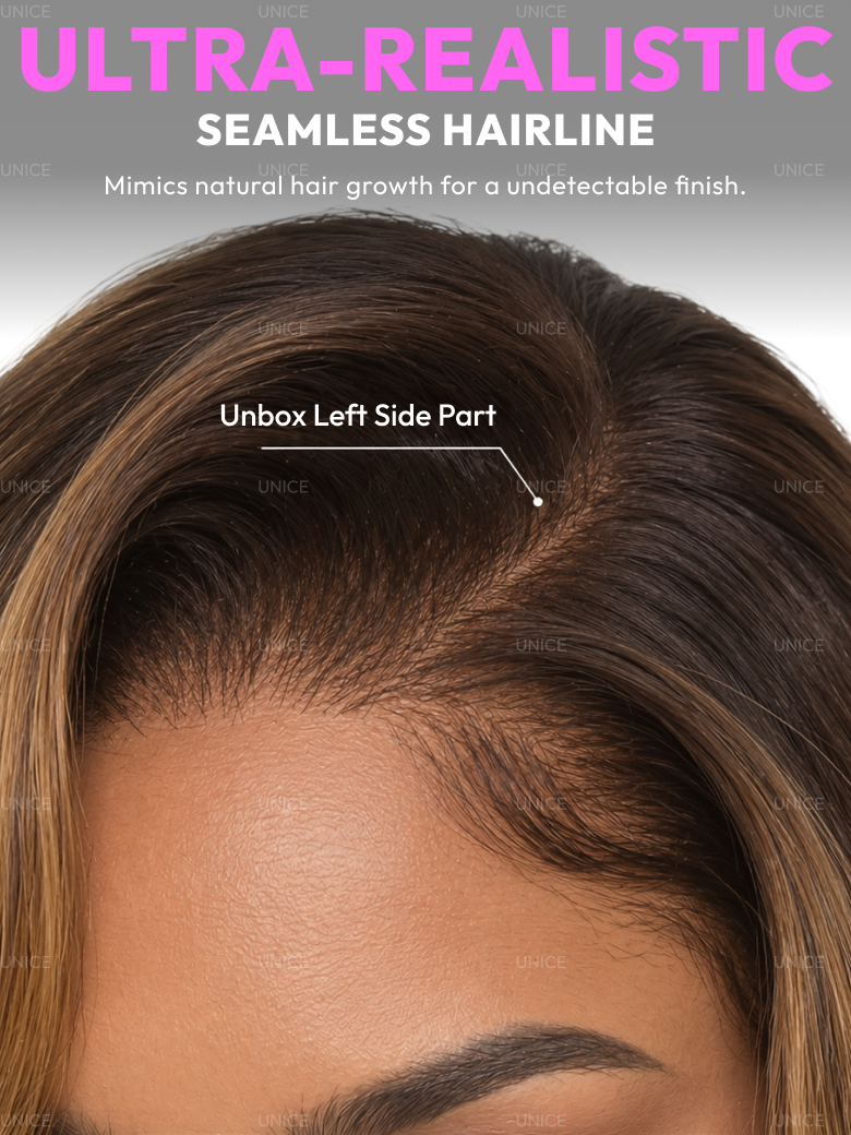 A model displays the UNice 7x5 & 13x4 Pre-Everything Lace Frontal Brown With Honey Blonde Face-Framing, showing ultra realistic hairline - hair extensions and honey.