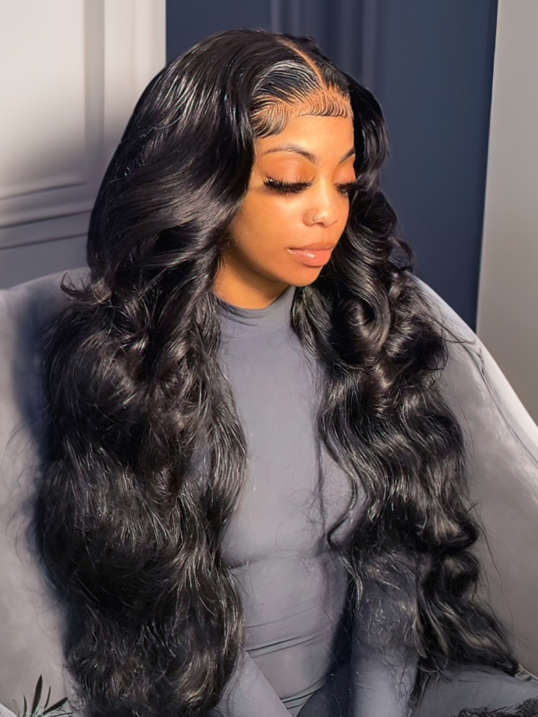 A model displays the UNice Hair 5x5 HD Lace Closure With 4 Bundles Body Wave Human Hair Weaves, showing a model with long black hair sitting in a chair and body wave.