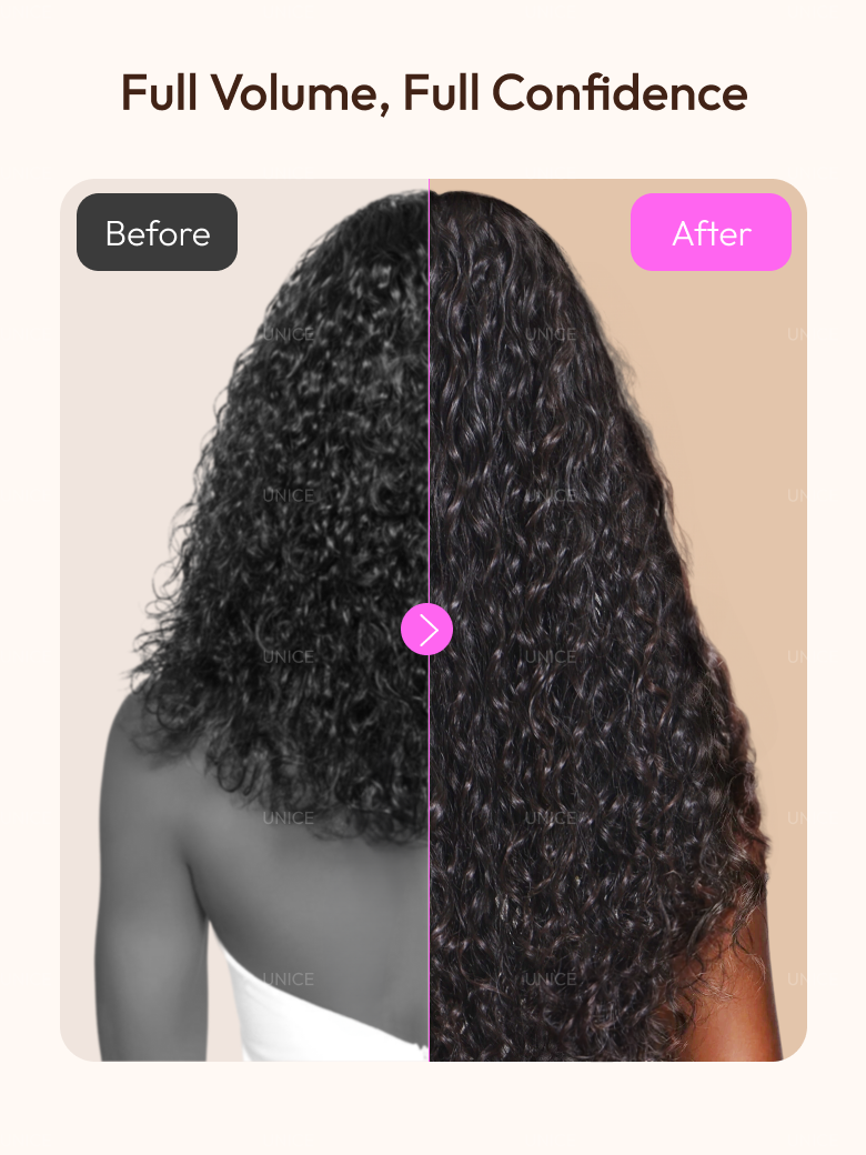 The UNice 7x5 Pre-Cut Lace 180% Density & 10 seconds flip-over Half Wig Water Wave With image highlights Full Volume, Full Confidence, Before, After, full volume full.