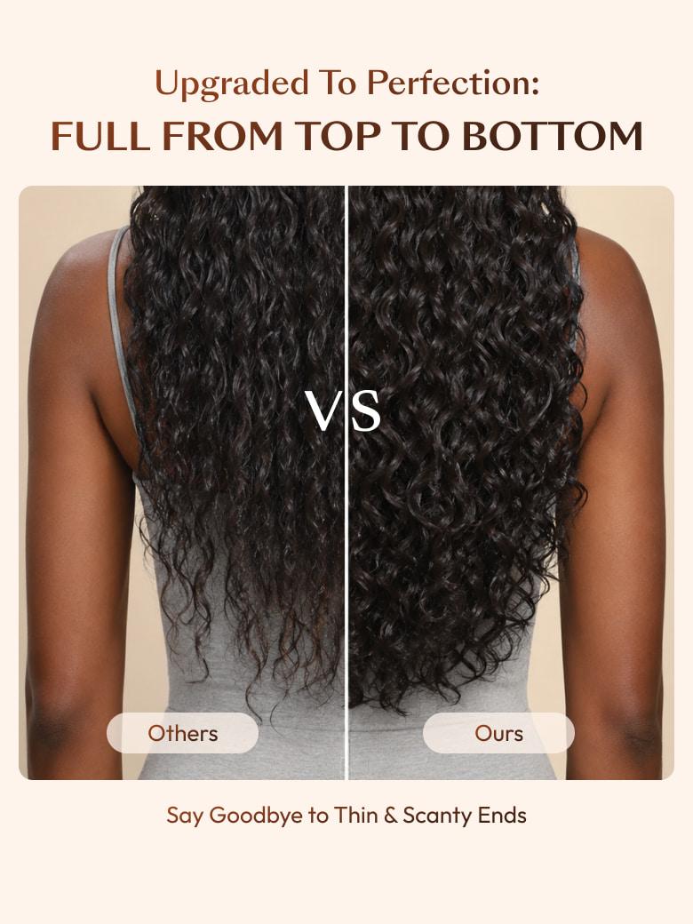 A model displays the UNice 7x5 Bye Bye Slip Glueless Water Wave Drawstring Wig With Baby Hair, showing a model with long curly hair before and after her hair transplant.