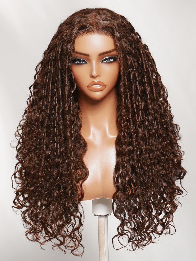 The UNice Bye Bye Slip 7x5 Lace Glueless Auburn/Red Brown Type 3/4-Inspired wig product image shows a wig with long curly hair and 7x5, glueless wear, lace finish.