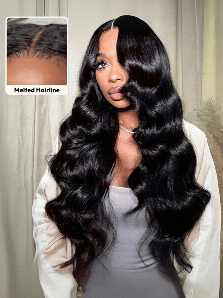 A model displays the UNice 7x5 Bye Bye Slip HD & Transparent Glueless Lace Body Wave Lace Front wig, showing a model with long black hair and a white shirt and body wave.