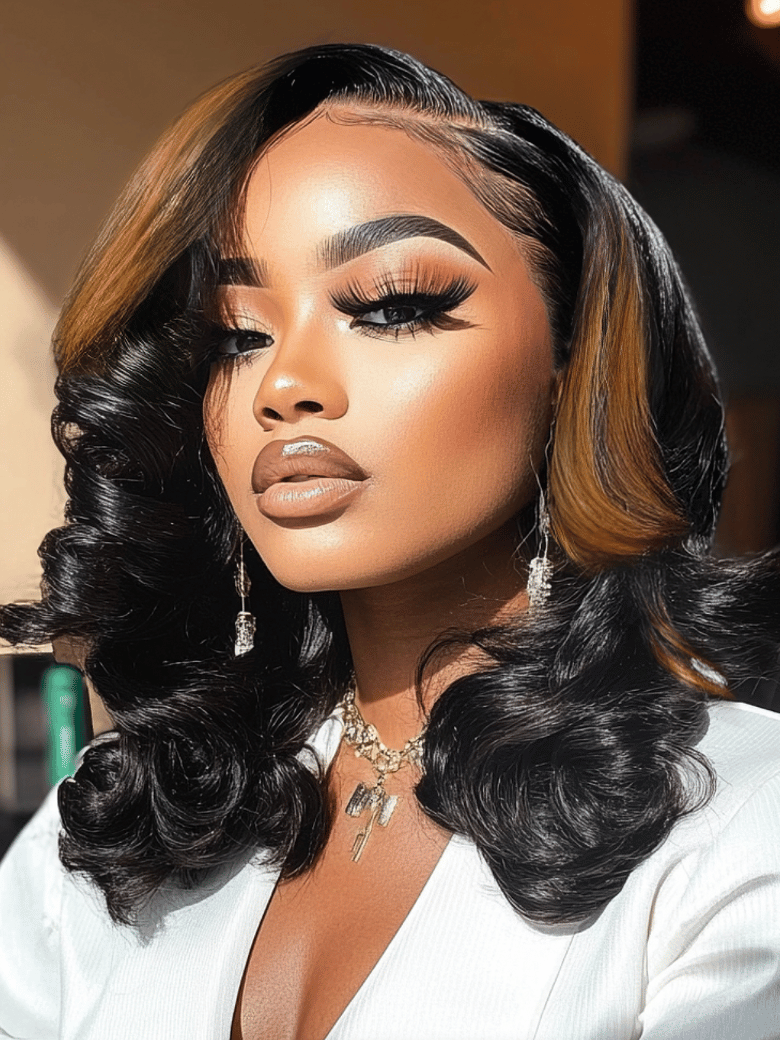 A model displays the UNice 13X6 Balayage Highlight& 7x5 Bye Bye Knots Black with Caramel Blonde wig, showing a model with long hair and a white shirt and body wave.