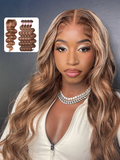 A model displays the UNice Honey Blonde Piano Highlighted Body Wave 4Pcs Bundles With Closure, showing a model with long blonde hair and a white shirt and body wave.