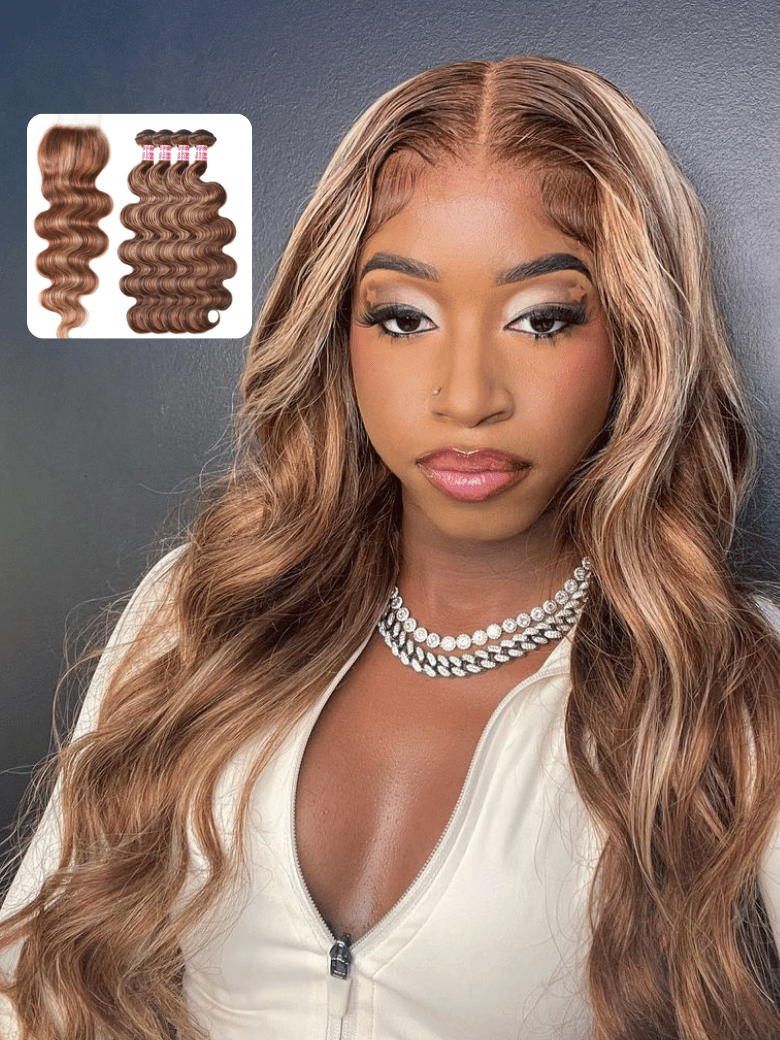 A model displays the UNice Honey Blonde Piano Highlighted Body Wave 4Pcs Bundles With Closure, showing a model with long blonde hair and a white shirt and body wave.