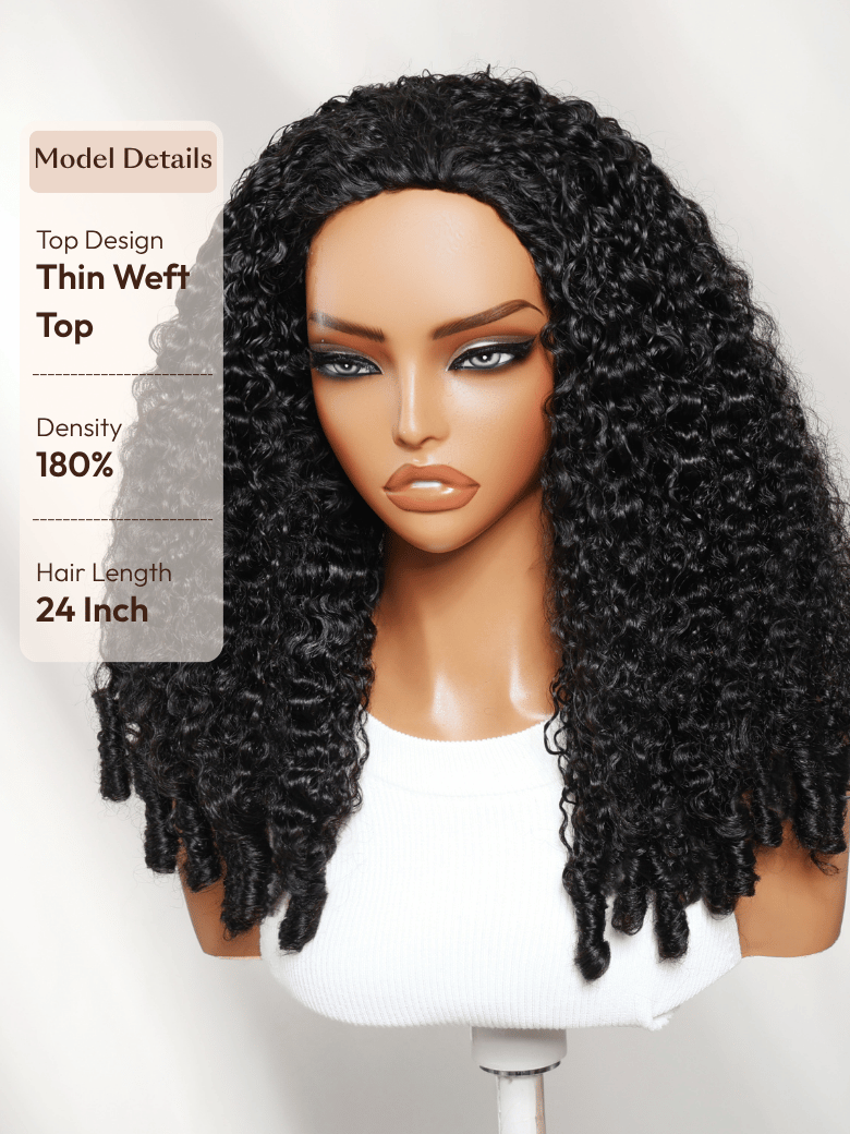 The UNice Half Wig MeltLine Burmese Curly with Finger Coily Ends Beginner Friendly with visual image position 6 shows a model with long curly hair and a white top |.