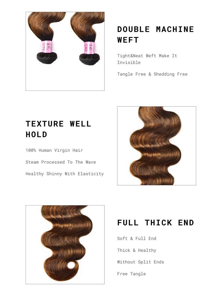 The UNice Balayage Highlight Human Hair Weave #FB30 Body Wave Hair Bundles 3 Bundle Deals image highlights DOUBLE MACHINE, WEFT, Tight&Neat Weft Make It, Invisible.