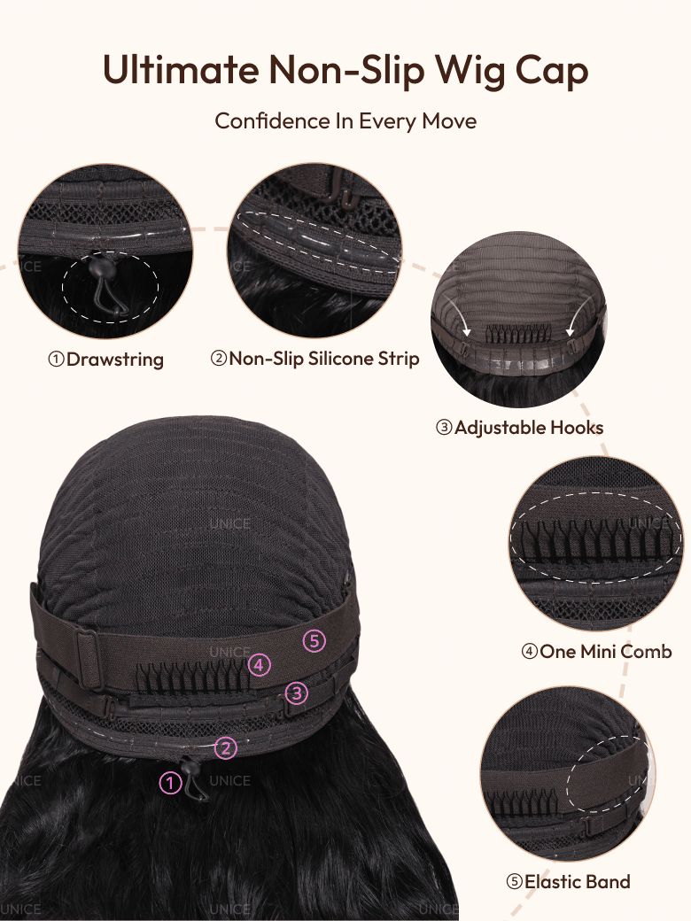The UNice 20"-24" Highlight Bouncy 13x4 Drawstring Water Wave Curly Pre-Everything Lace wig image highlights Ultimate Non-Slip Wig Cap, ConfidenceInEveryMove.