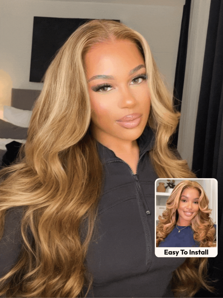A model displays the UNice Bye Bye Knots Wig With Drawstring 7x5 Glueless Lace & 13x4 Pre-Everything, showing a model with long blonde hair and a black shirt and body.