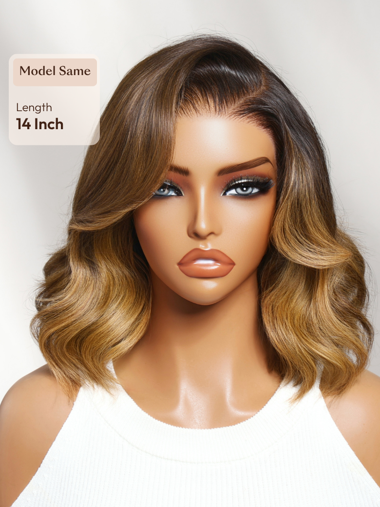 A model displays the UNice 13x4 Pre-Everything Lace Frontal Brown With Honey Blonde Face-Framing, showing a model with long wavy hair and a white top and honey blonde.