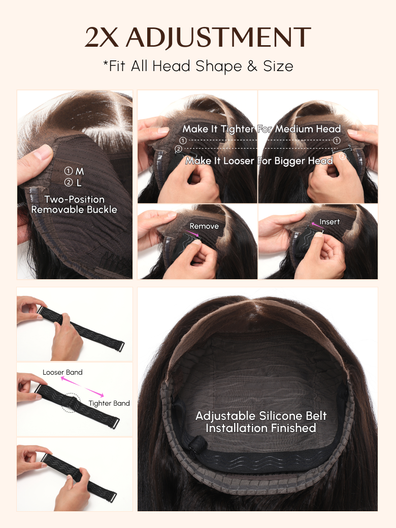 The UNice 7x5 Bye Bye Knots & 13x4 Pre-Everything Wig Glueless Lace Balayage Highlight image highlights 2XADJUSTMENT, *FitAll HeadShape&Size, MakeItTighterForMediumHead.