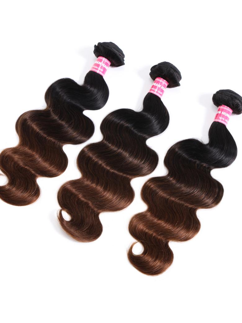The UNice Chestnut Brown Ombre 3 Pcs Body Wave Human Hair Bundles product image shows 3 bundles brazilian body wave hair extensions and body wave texture, ombre.