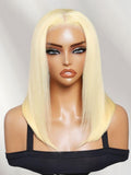 A model displays the UNice 13x4 Pre-Everything Lace Frontal 613 Blonde Glueless Bob Wig For Summer, showing blonde blonde lace wig with bangs and 613 blonde, 13x4.