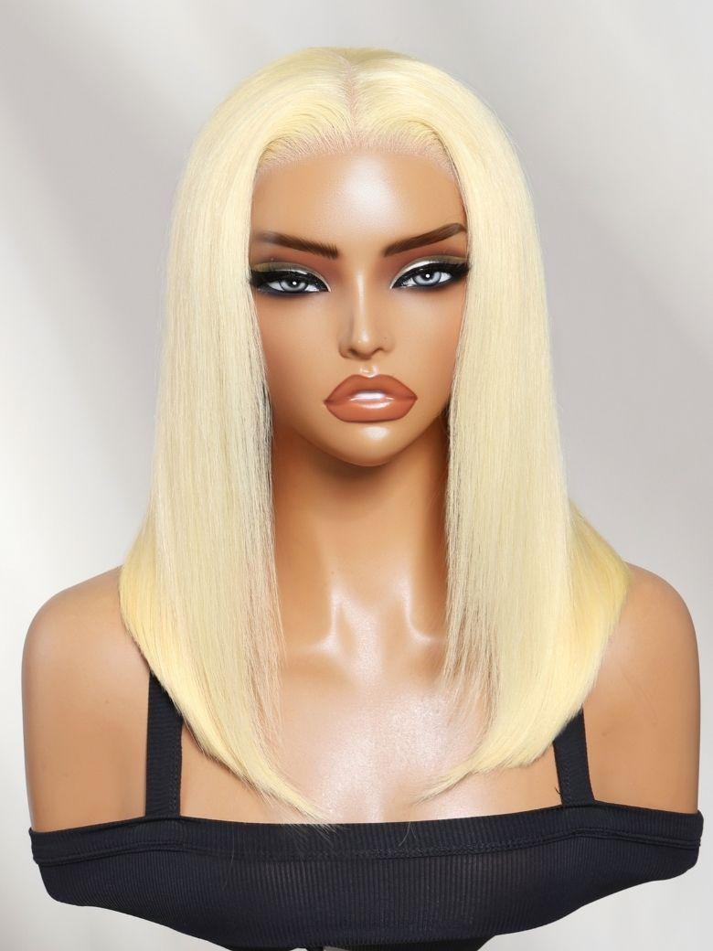 A model displays the UNice 13x4 Pre-Everything Lace Frontal 613 Blonde Glueless Bob Wig For Summer, showing blonde blonde lace wig with bangs and 613 blonde, 13x4.