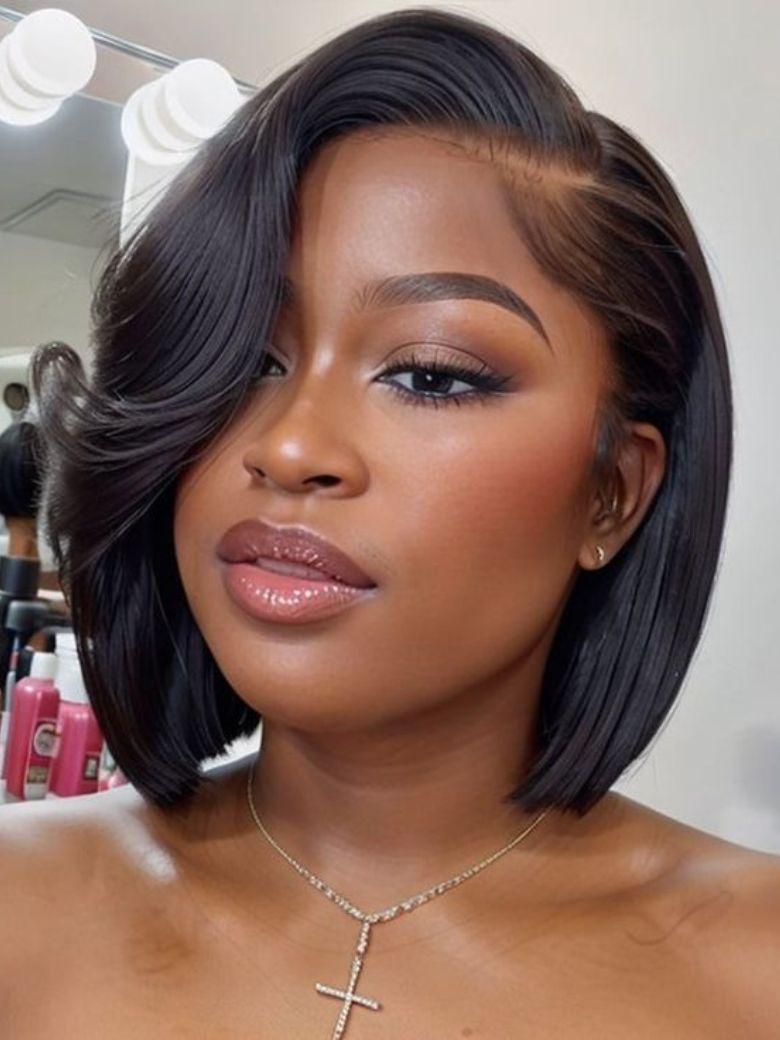 A model displays the UNice 7x5 Bye Bye Knots & 4x4 Lace Closure Black Bob Wig With Side Swept Bangs, showing a model with a short bob bob bob bob bob bob bob bob bob bob.