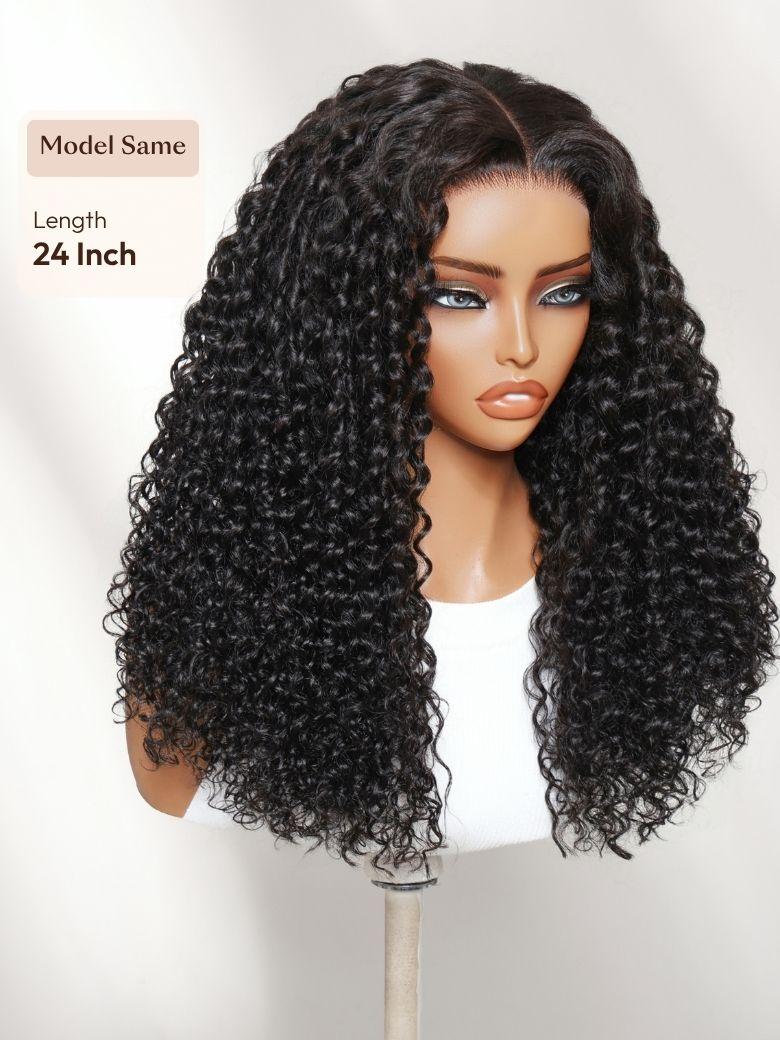 A model displays the UNice 13x4 Bye Bye Slip Lace Frontal Soft Water Wave Glueless Wig with Fluffy Loose, showing a wig with long curly hair and water wave texture.