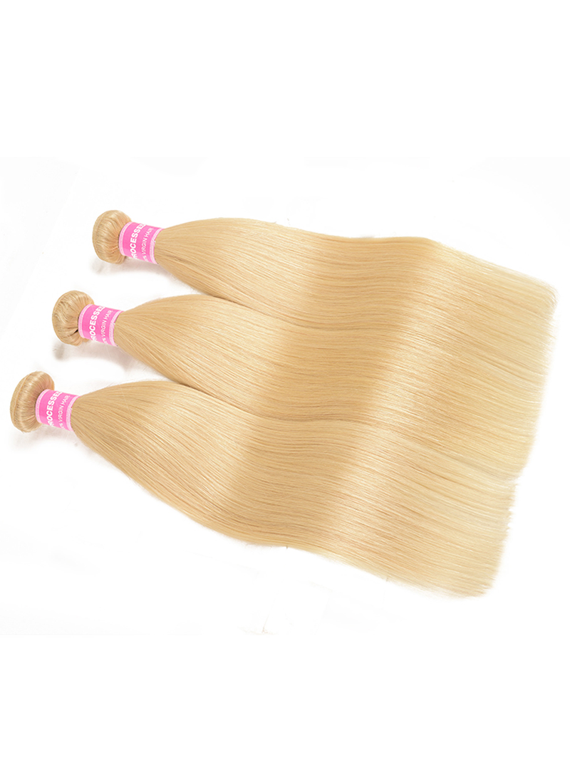 The UNice Hair 613 Blonde Virgin Human Hair Extension Bundles 10-24 Inch 3PCS Straight Hair product image shows blonde blonde hair extensions and straight texture, 613.