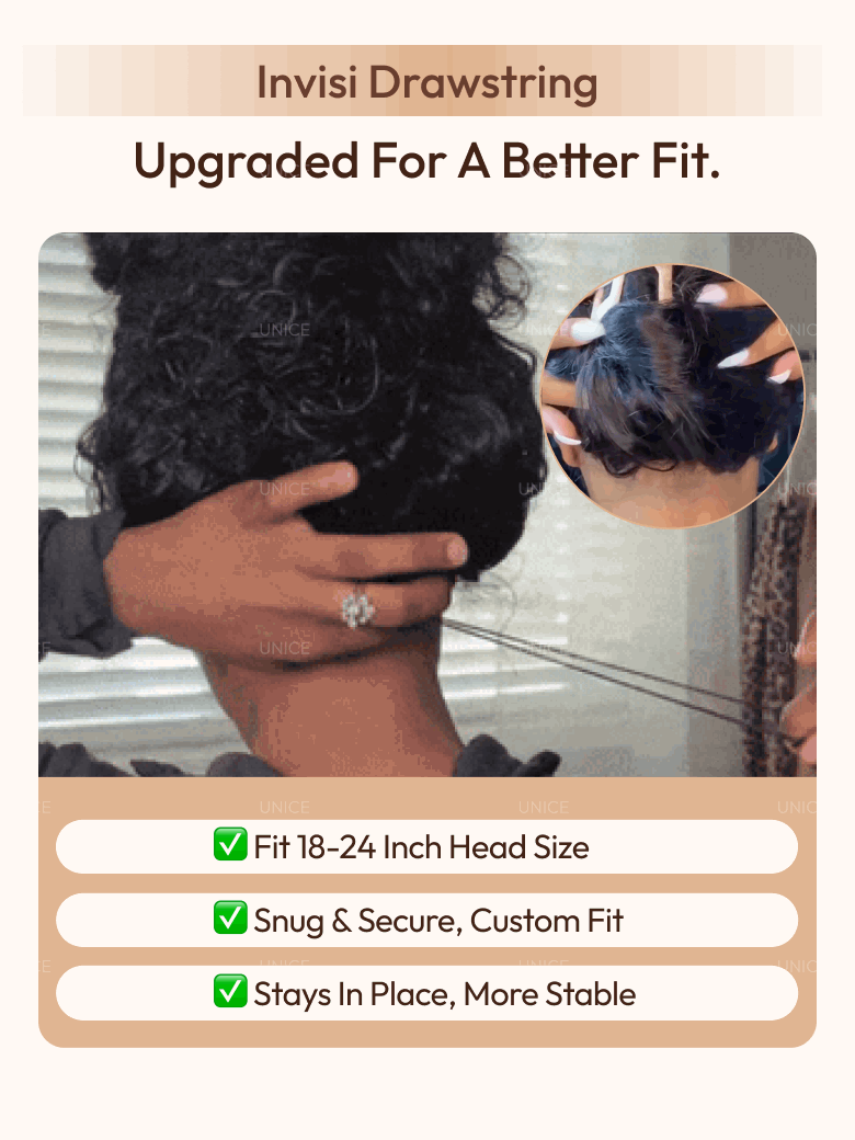 A model displays the UNice 13x4 Bye Bye Slip Lace Frontal Textured Kinky Water Wave Wig with Invisi, showing a model with her hair styled in a braid and water wave.